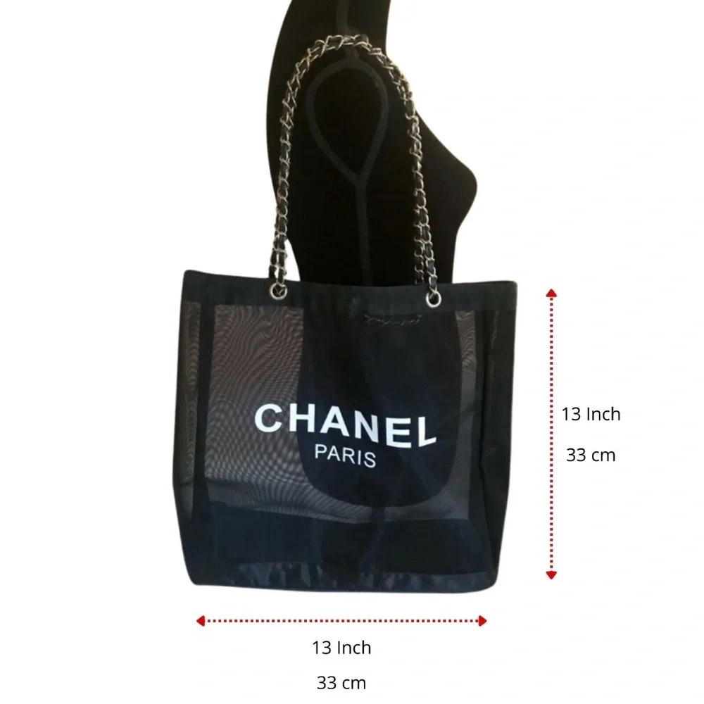 CHANEL Black Mesh Paris Tote with Matching Cosmetic Pouch